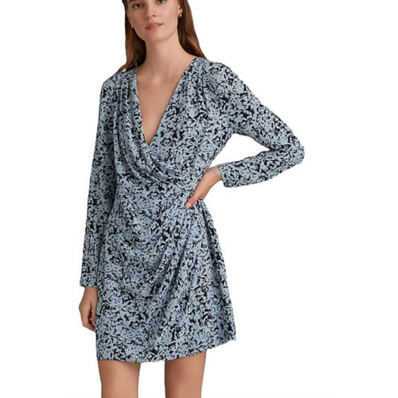 Club Monaco Wrap Dress Womens Size 2 Side Drape Mini Silk Black Blue Work Date - Picture 1 of 13